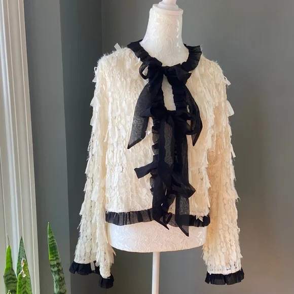 NWT Zara Ivory Ruffle-Trim Sheer Blouse - Picture 5 of 11
